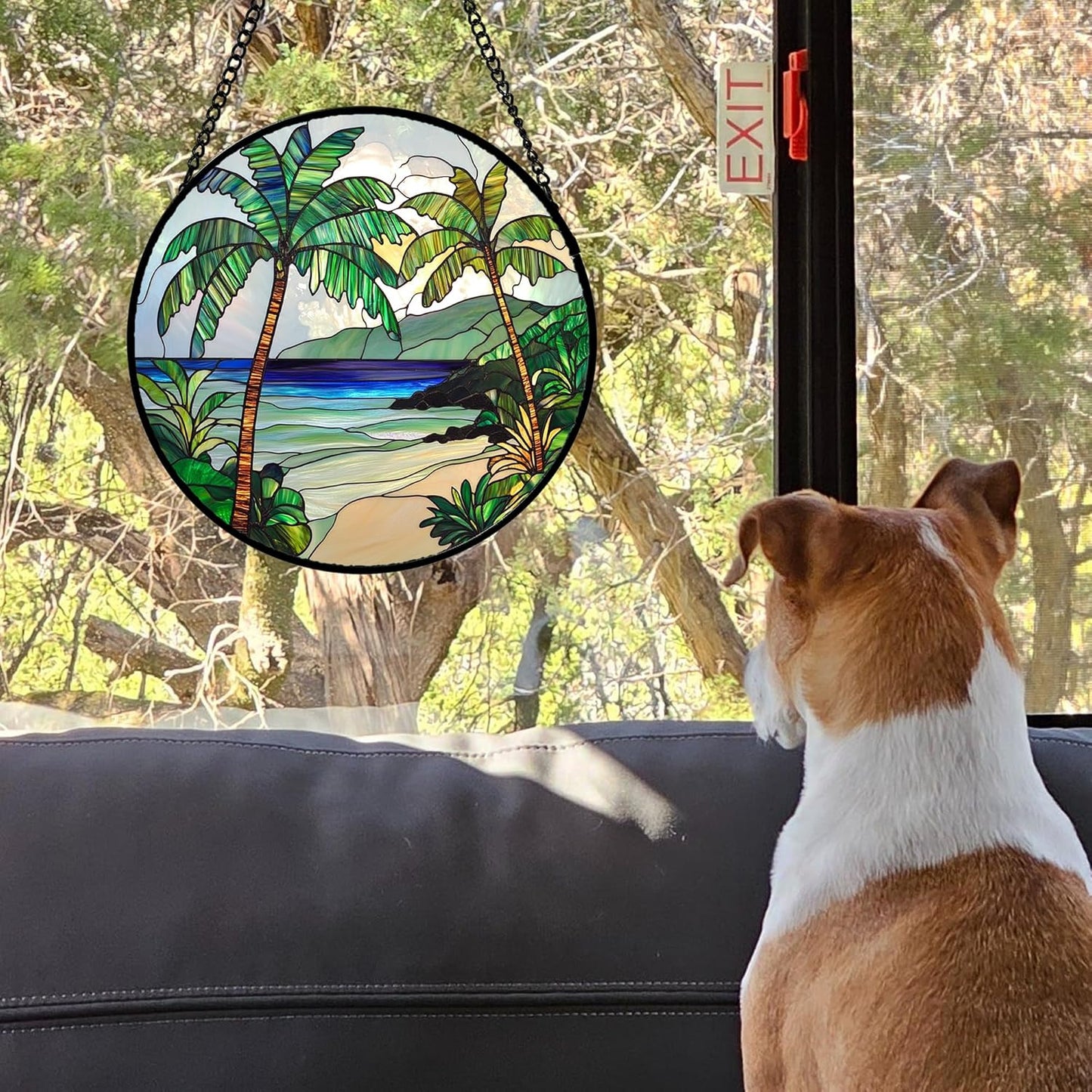 Stained Glass Window Hanging 4 Pcs Set Blue Ocean Coconut Tree Scenery Large 15" - Suncatcher Door Garden Sun Catcher Decor Birthday Christmas for Mom Woman Nana Men