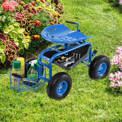 Goplus Rolling Garden Seat with Wheels, Outdoor Gardening Scooter with 360° Swivel Seat, Tool Tray & Basket, Adjustable Steering Handle for Lawn, Gardening Stool, Garden Cart for Planting