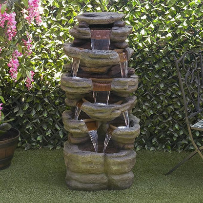 Alpine Corporation TZL352 Outdoor Floor Stone Tower Fountain with LED Lights, Multi-Level Garden Water Fountain, 47"H, Gray