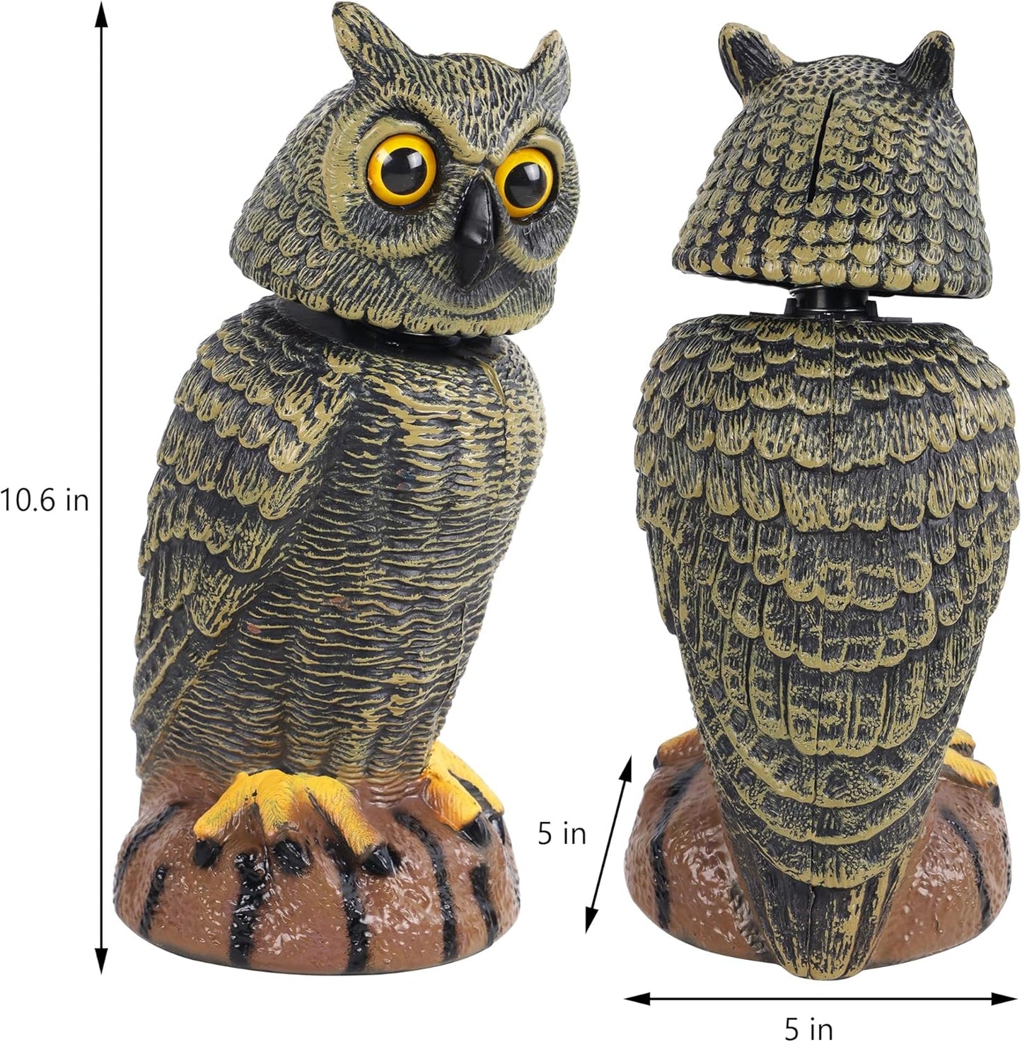 Hausse 2 Pack Bird Scarecrow Fake Owl Decoy Sculpture, 10.6 Inch Height Golden Rotating Head Plastic Owl Bird Deterrents, Nature Enemy Horned Pest Repellent for Outdoor Garden Yard