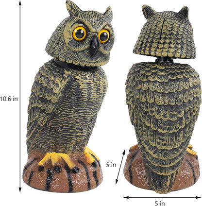 Hausse 2 Pack Bird Scarecrow Fake Owl Decoy Sculpture, 10.6 Inch Height Golden Rotating Head Plastic Owl Bird Deterrents, Nature Enemy Horned Pest Repellent for Outdoor Garden Yard