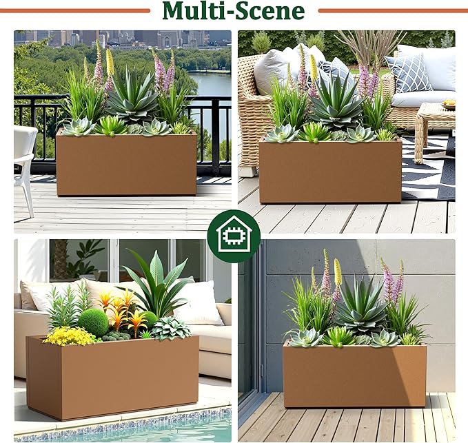 Large Rectangle Planter Metal Brown Planter Box with a Drainage Hole and a Removable Divider Indoor Outdoor Porch Pots for Tall Plants, Trees, Flowers 37.99"x 15" x 16.26" Brown