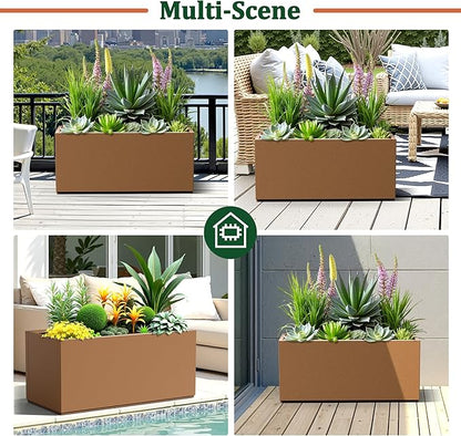 Large Rectangle Planter Metal Brown Planter Box with a Drainage Hole and a Removable Divider Indoor Outdoor Porch Pots for Tall Plants, Trees, Flowers 37.99"x 15" x 16.26" Brown