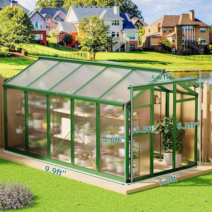 6x10 ft Greenhouse, Large Aluminum Greenhouses for Outdoors, Heavy Duty Polycarbonate Greenhouse with Roof Vent, Walk-in Green Houses for Winter Garden, Backyard, Patio, Lawn, Easy Assembly
