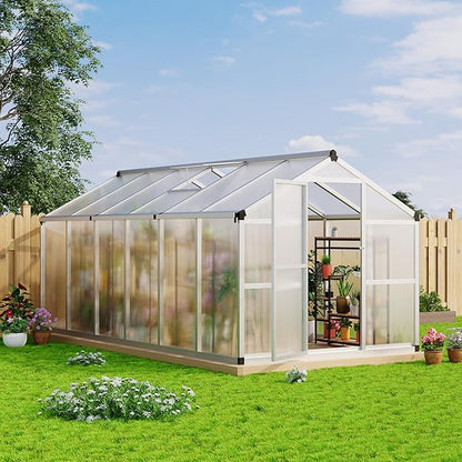 8x12 ft Greenhouse, Large Aluminum Greenhouses for Outdoors, Heavy Duty Polycarbonate Greenhouse with Roof Vent, Walk-in Green Houses for Winter Garden, Backyard, Patio, Lawn, Easy Assembly