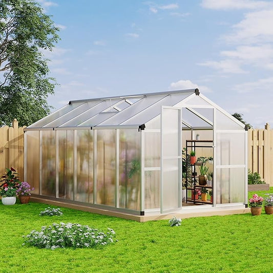 8x12 ft Greenhouse, Large Aluminum Greenhouses for Outdoors, Heavy Duty Polycarbonate Greenhouse with Roof Vent, Walk-in Green Houses for Winter Garden, Backyard, Patio, Lawn, Easy Assembly
