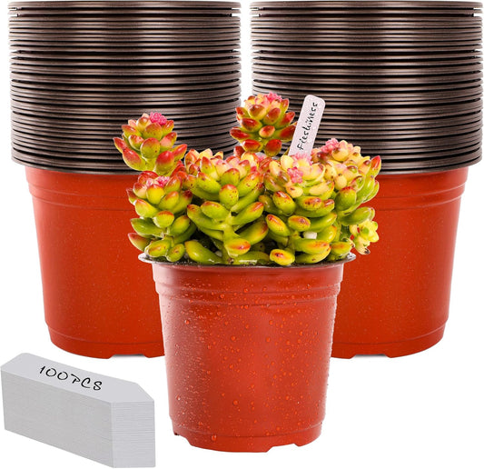 TDHDIKE 6 Inch Plastic Plant Nursery Pots (100pcs Pots and 100pcs Plant Labels) Seedling Flower Plant Container (Red) Seed Starting Pots Indoor/Outdoor