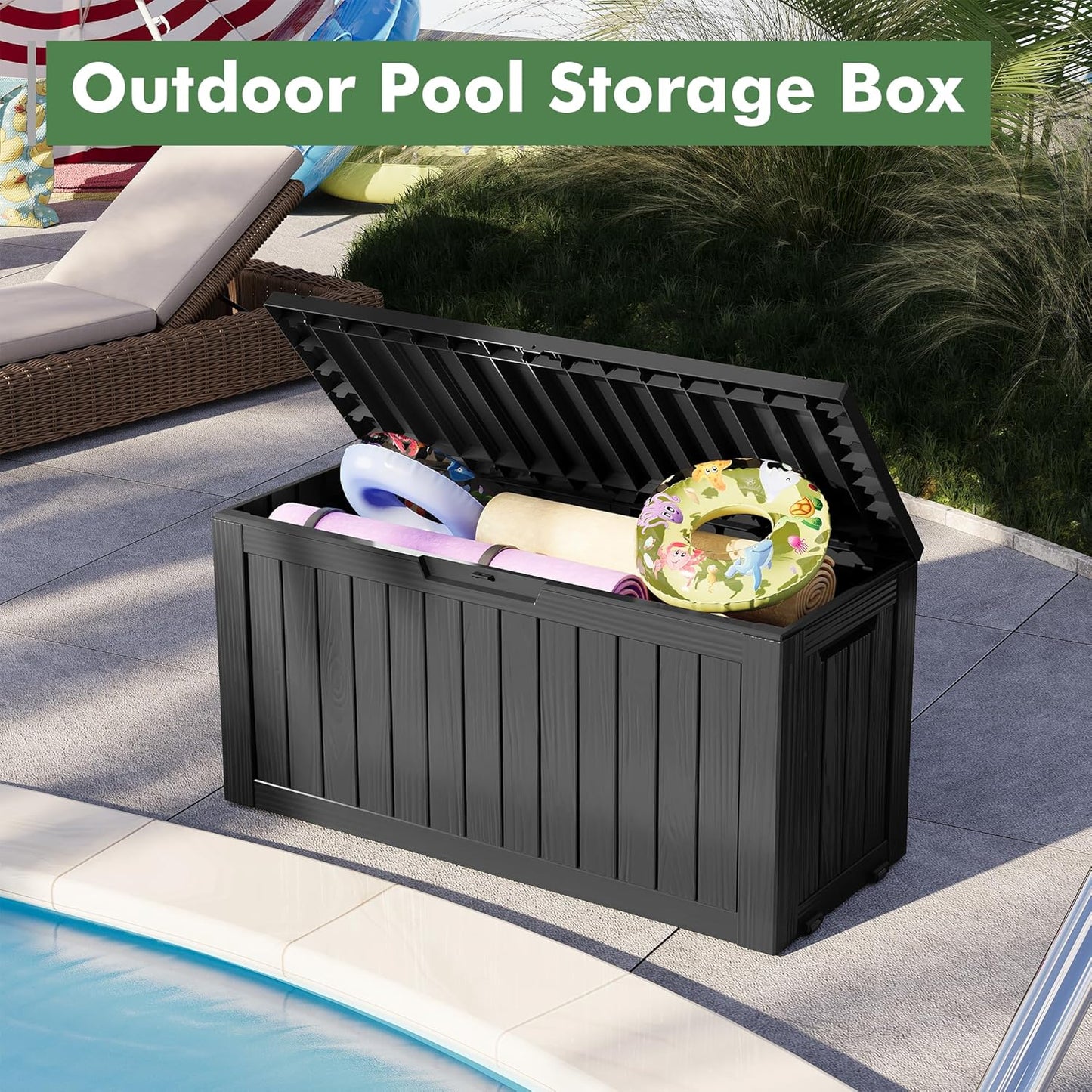 Outdoor Storage Box, Resin Deck Boxes Indoor and outdoor, Waterproof Storage Box Lockable Lid (Black, 73 Gallon)