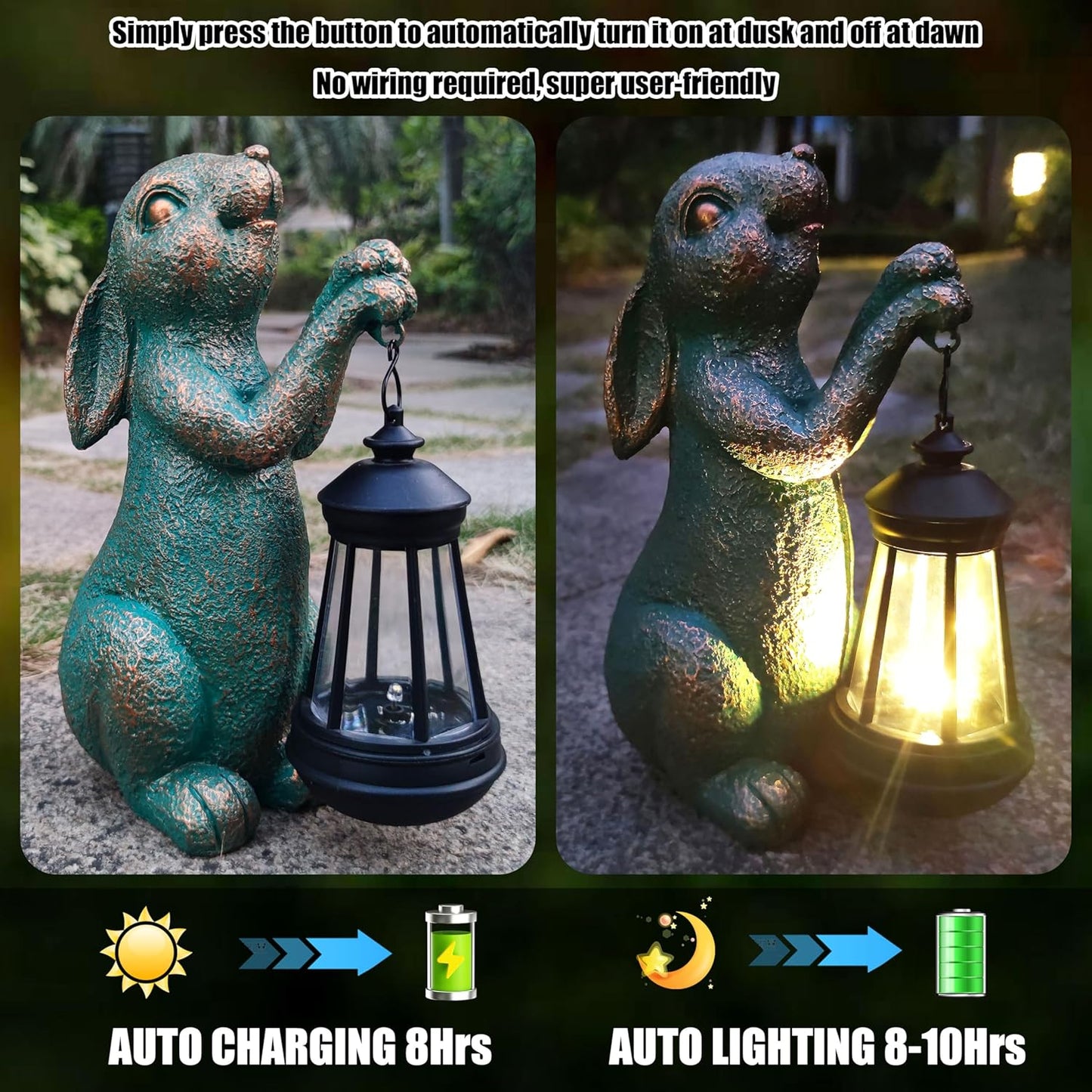 Rabbit Garden Statue Outdoor Décor with Solar Lights Lantern,Rabbit Solar Light Figurines Outside Decorations for Yard，Lawn, Patio, Balcony, Unique Housewarming Gifts
