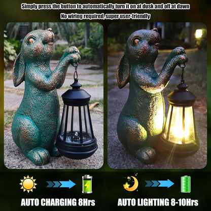Rabbit Garden Statue Outdoor Décor with Solar Lights Lantern,Rabbit Solar Light Figurines Outside Decorations for Yard，Lawn, Patio, Balcony, Unique Housewarming Gifts