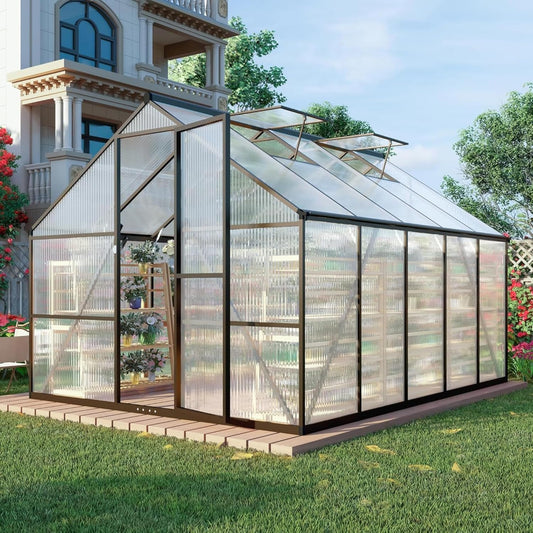 CQZY 8x10 FT Greenhouse for Outdoors, Polycarbonate Greenhouse with Quick Setup Structure and Roof Vent, Aluminum Large Walk-in Green House for Outside Garden Backyard,Dark Gray
