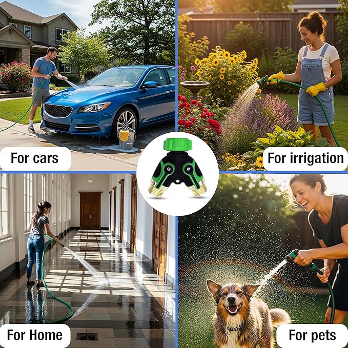 Premium 3/4" Heavy Duty 2 Way Hose Splitter Leakproof Full Metal Body Faucet Spigot Splitter Easy Long Handles with Extra Fittings and Teflon