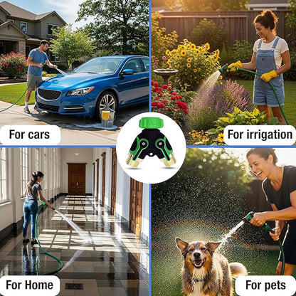 Premium 3/4" Heavy Duty 2 Way Hose Splitter Leakproof Full Metal Body Faucet Spigot Splitter Easy Long Handles with Extra Fittings and Teflon