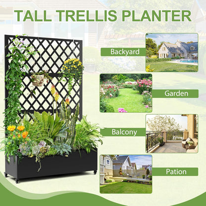 Metal Planter Trellis Box with Wheels & Drain Plug Outdoor Raised Garden Bed Patio Privacy Screen with Planter for Climbing Plants, Vegetables 73"x47"x16" Black-Diamond