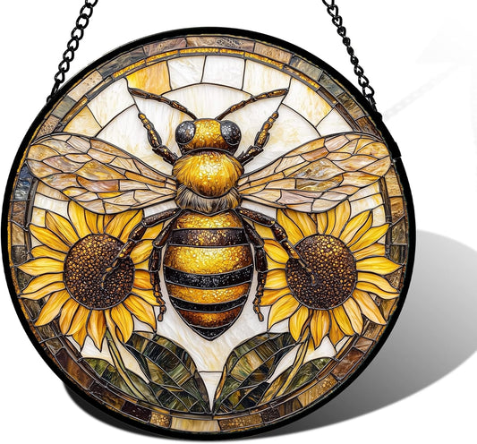Stained Glass Window Hanging - Bee Sunflower Yellow Suncatcher Ready to Hang Window Doors Home Decoration and Christmas, Mother's Day Birthday Gifts for Women, Men, and Mom 6.3x6.3 in