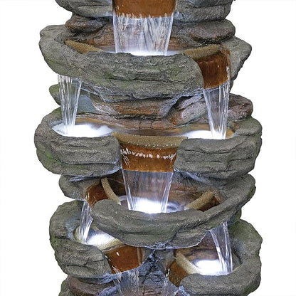 Alpine Corporation TZL352 Outdoor Floor Stone Tower Fountain with LED Lights, Multi-Level Garden Water Fountain, 47"H, Gray