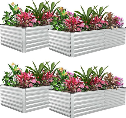FOOWIN 4pcs 8x4x2ft Galvanized Raised Garden Bed, Planter Raised Garden Boxes Outdoor, Large Metal Raised Beds for Gardening, Garden Bed for Vegetables, Flowers, Herb,478 Gallon Capacity, Silver