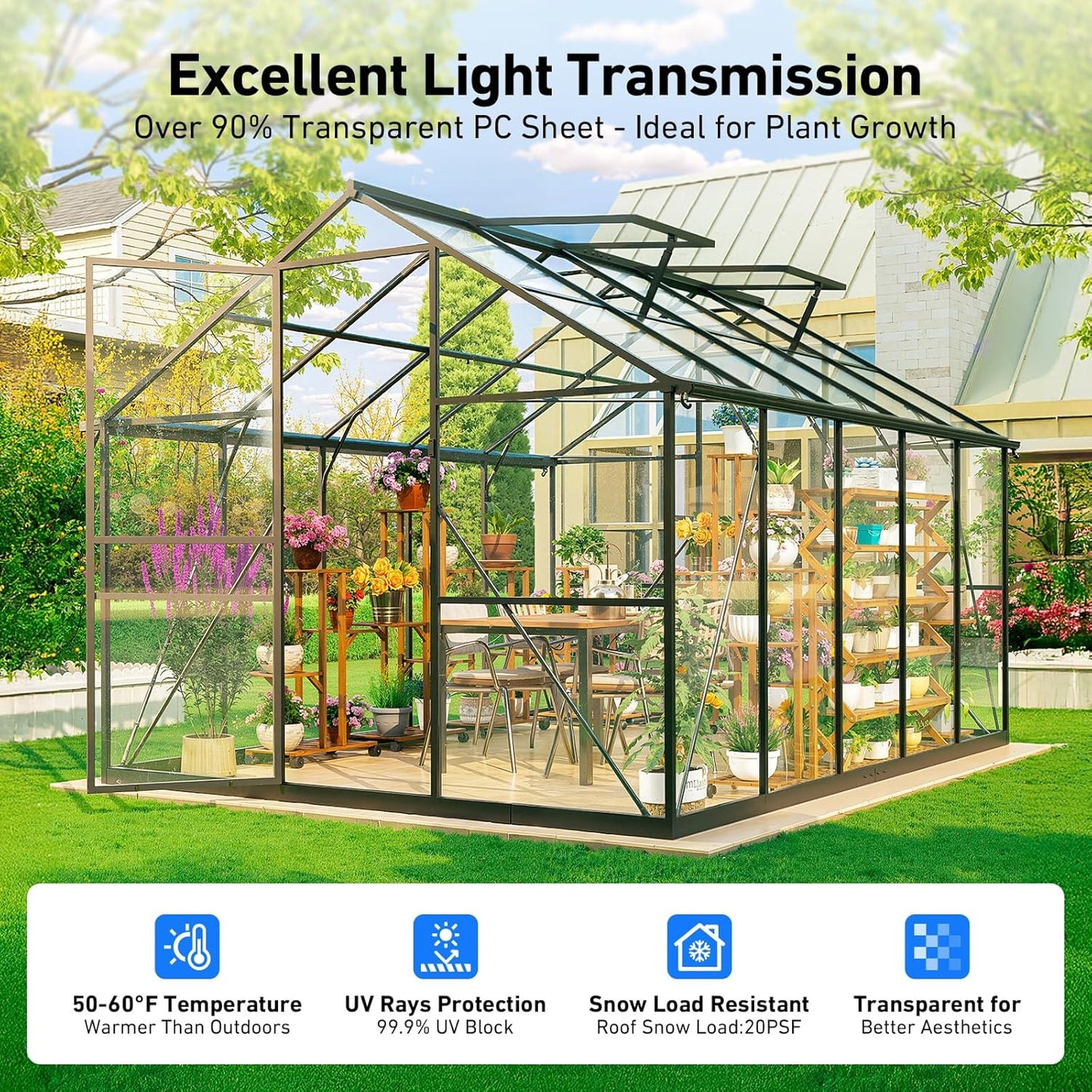 Outdoor Greenhouse, Polycarbonate Green House, Small Walk-in Greenhouse with Vented Roof Window, Windproof Aluminum Frame with Quick-Installation Structure, Suitable for Gardening