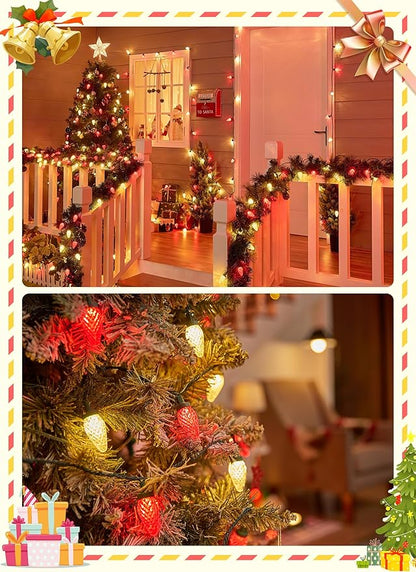 Brightown C9 Christmas Lights Outdoor, 114FT 150 LED Red and Warm White String Lights with Timer, 8 Modes, UL Listed Waterproof Connectable Christmas Tree Lights for House, Roof, Garden, Patio Decor