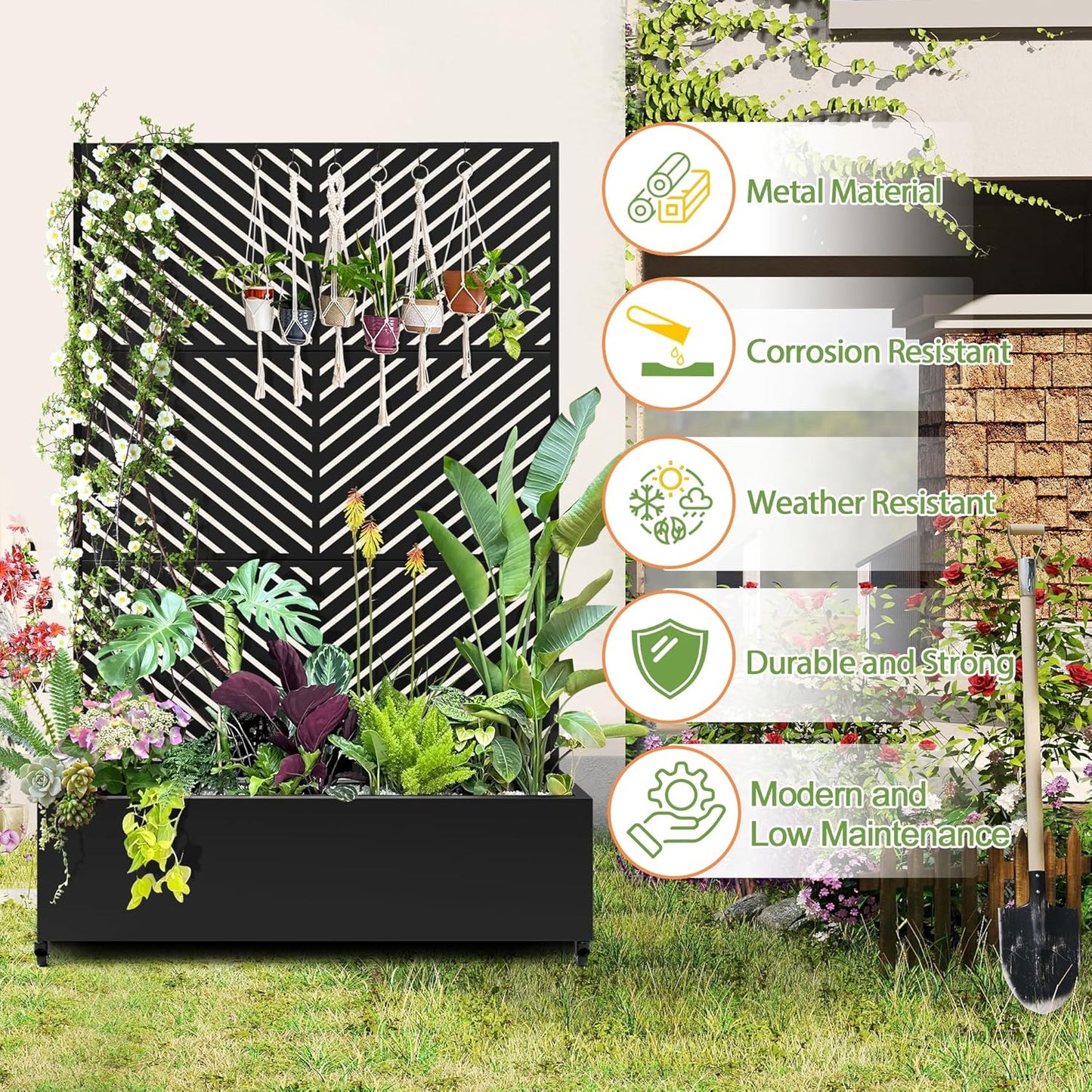 Raised Garden Bed with Trellis and Wheels,73"x47"x16" Metal Raised Garden Bed,Black Parallel Metal Planter with Climbing Trellis for Vines & Vegetables