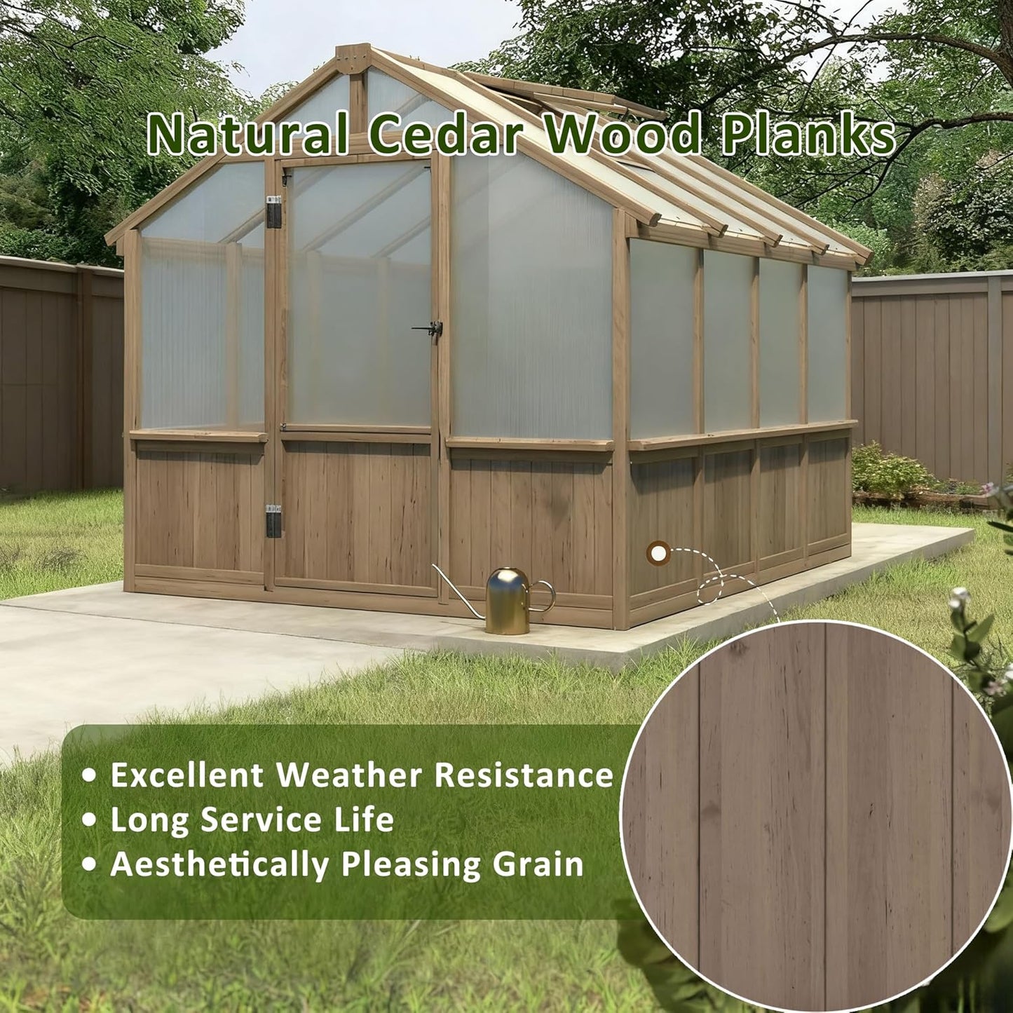 Greenhouse for Outdoor, 6x8ft-8x12ft Wooden WAK-in Greenhouse Kitwith 6MM Thick Polycarbonate Panel, Lockable Door & Adjustable Roof Vent ，Backyard Garden ﻿ (Light Mocha Brown, 6x8 FT)