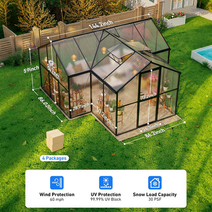 12×12FT Green Houses for Outside, Large Walk-in Greenhouses for Outdoors and Winter Garden Planting, Enhanced Aluminum Greenhouse Kit Withstands Strong Wind to Protect Vegetables or Plants