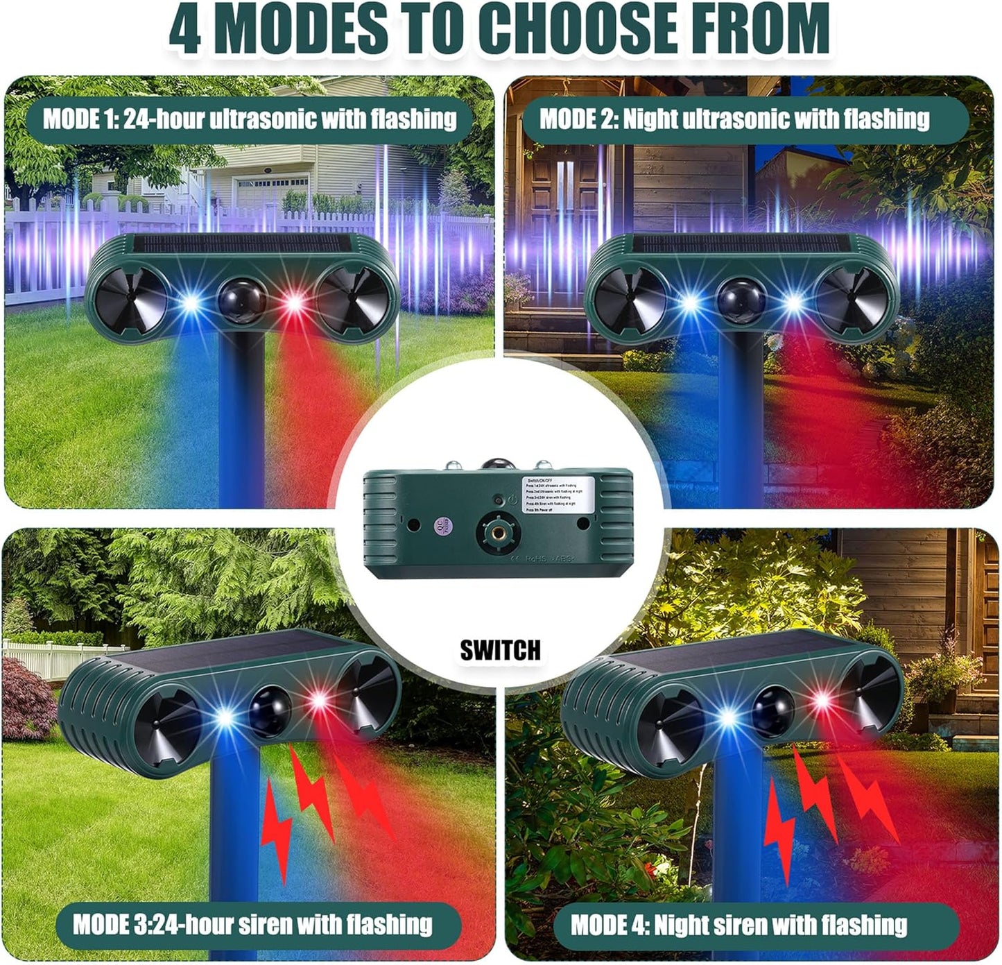 Qualirey 2 Pack Solar Ultrasonic Animal Repellent Outdoor Waterproof Nocturnal Animal Deterrent with Adjustable Motion Sensor Alarm Flashing Light Repel Raccoon Cat Dog Fox Deer for Yard Garden Lawn