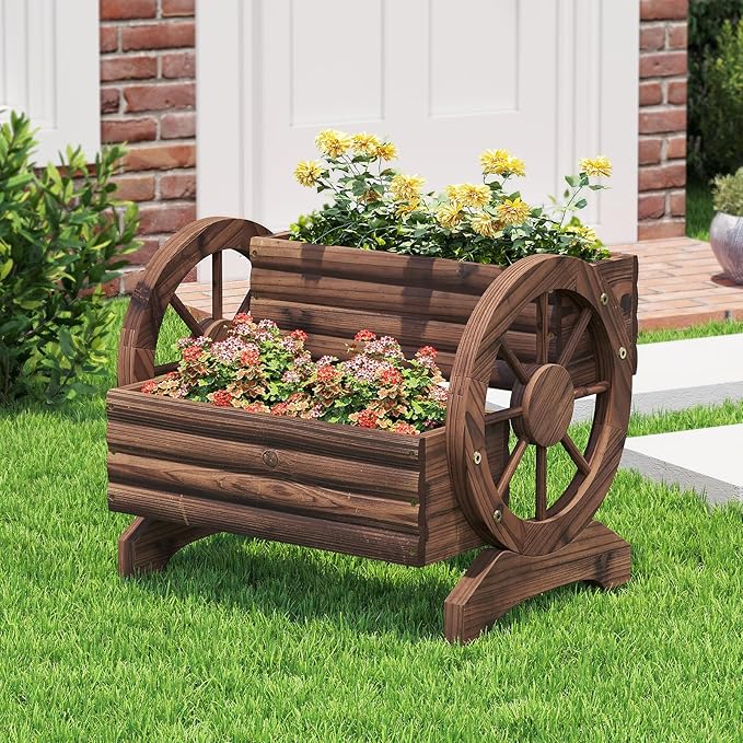 Wooden Flower Cart with Wheels Wooden Wagon Planter Outdoor Garden Planter, Decor Planter for Patio Balcony Decoration Succulent Flower Pot Flower Cart for Indoor Backyard Balcon Décor