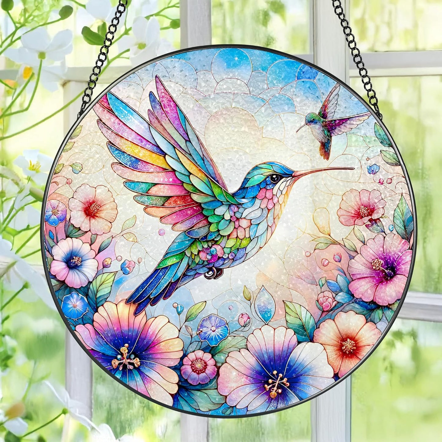 Stained Glass Window Hanging, Pauyadu Hummingbird Sun Catchers, Stained Glass Suncatcher, Hummingbird Decor Gifts for Women, Mom, Grandma, Wife, Lovers and Couple - 8 Inch