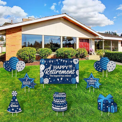 Yulejo 8 Pieces Retirement Yard Sign Decorations Happy Retirement Yard Signs Retirement lawn Sign with Stakes for Outdoor Retirement Party Supplies 16inch (Blue and Silver)