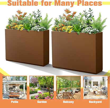 Large Rectangle Planter Metal Brown Planter Box with a Drainage Hole and a Removable Divider Indoor Outdoor Porch Pots for Tall Plants, Trees, Flowers 35.43" x 9.06" x 25.59" Brown
