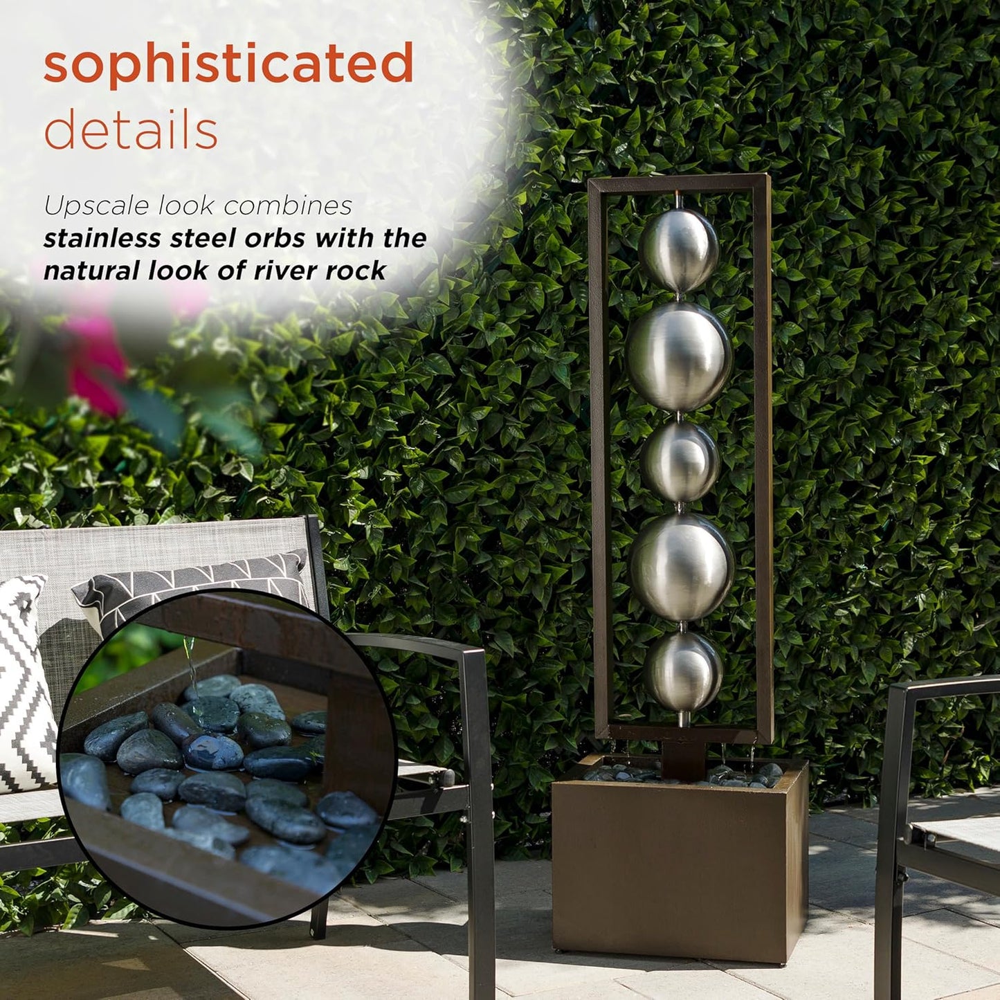 Alpine Corporation CPS194 Outdoor Modern Column Water Floor Fountain with Stainless Steel Orbs, 55" H, Brown