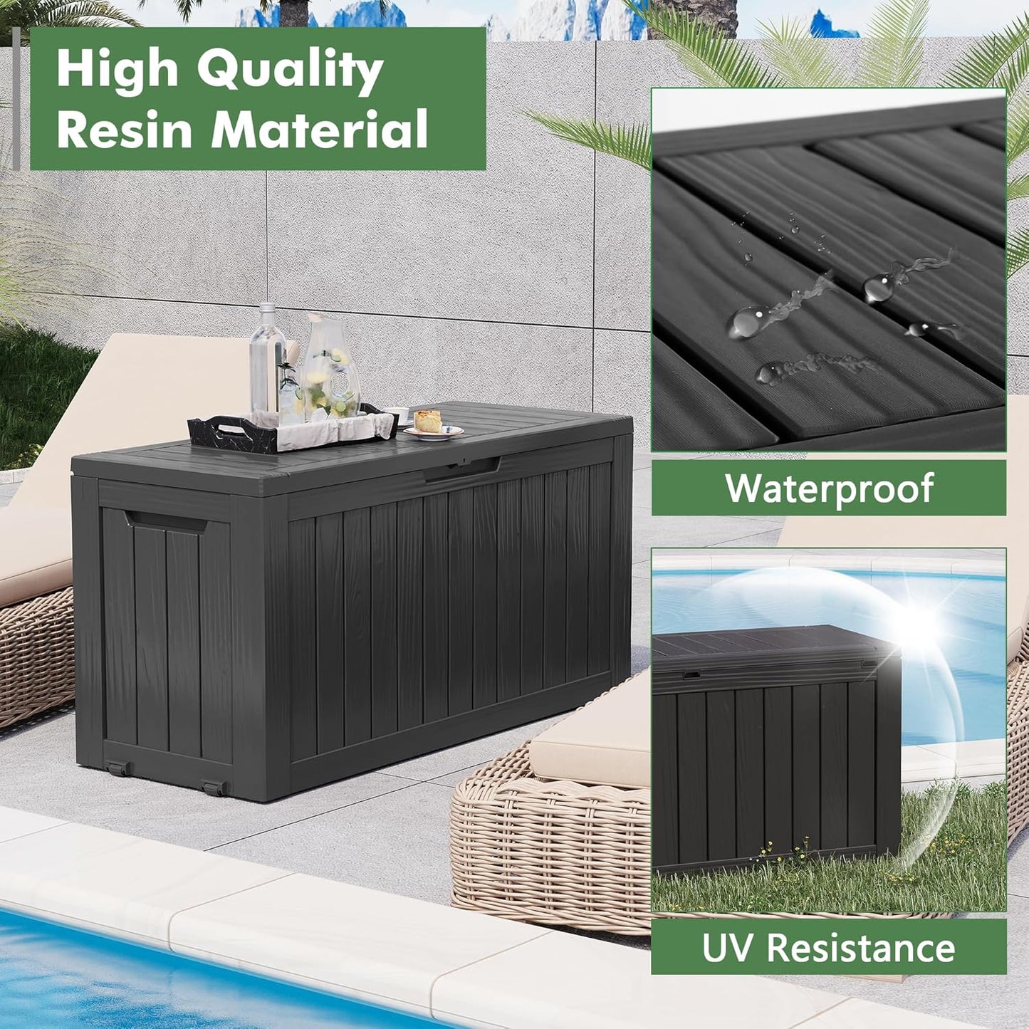 Outdoor Storage Box, Resin Deck Boxes Indoor and outdoor, Waterproof Storage Box Lockable Lid (Black, 73 Gallon)