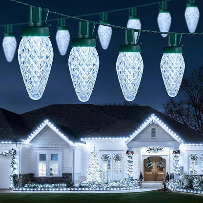 Brightown C9 Christmas Lights Outdoor, 114FT 150 LED Pure White String Lights with Timer, 8 Modes, Plug-in UL Listed Waterproof Connectable Christmas Tree Lights for House, Roof, Garden, Patio Decor