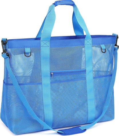Mesh Beach Bag, Large Beach Tote with Zipper Pocket for Family Pool Bag for Toys & Vacation Essentials