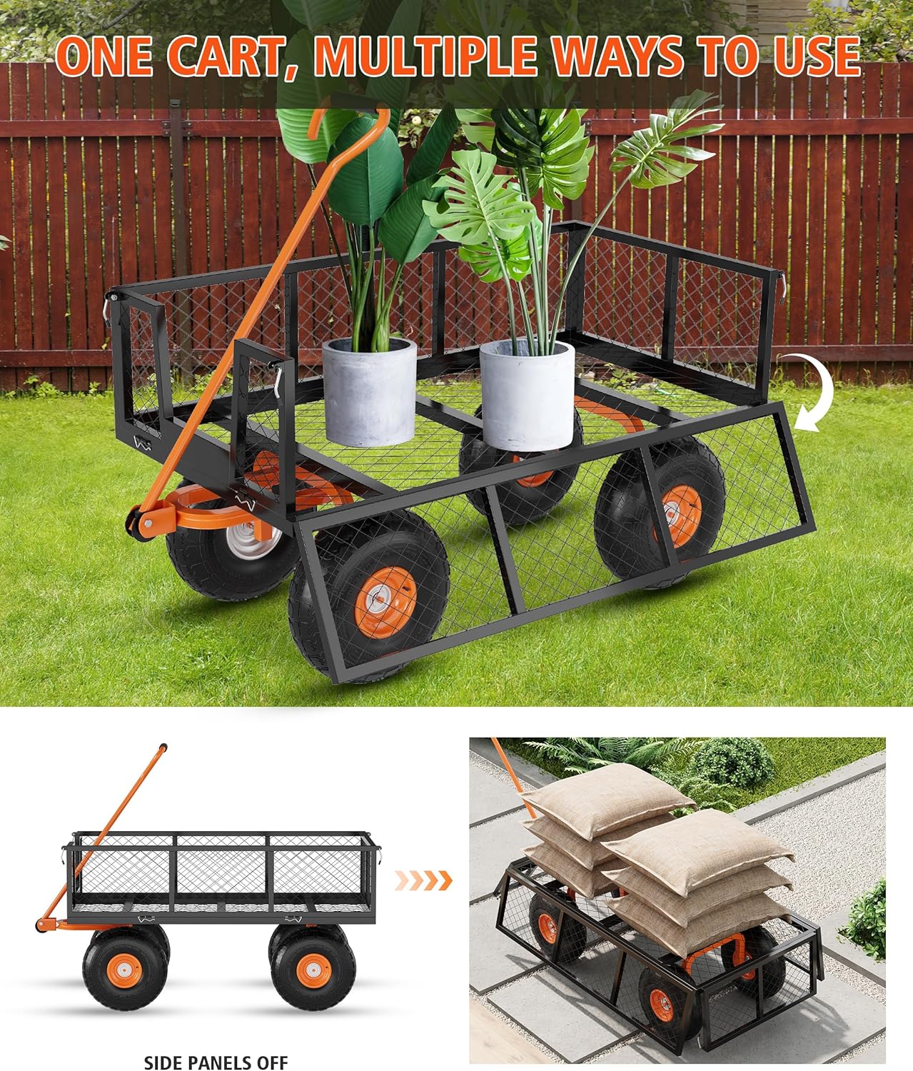 GarveeLife Heavy Duty Steel Garden Cart, 900 LBS Capacity 3 in 1 Pullable Garden Wagon with 10 in Wheels, for Gardening Soil, Tools, and Plant Transport