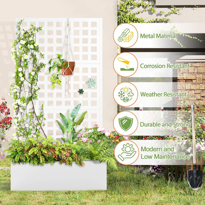Metal Raised Garden Bed, Trellis Planters Bed with Drainage Holes for Climbing Plants, Vegetables Outdoor Privacy Screen with Planter Box 73"x35"x16", White