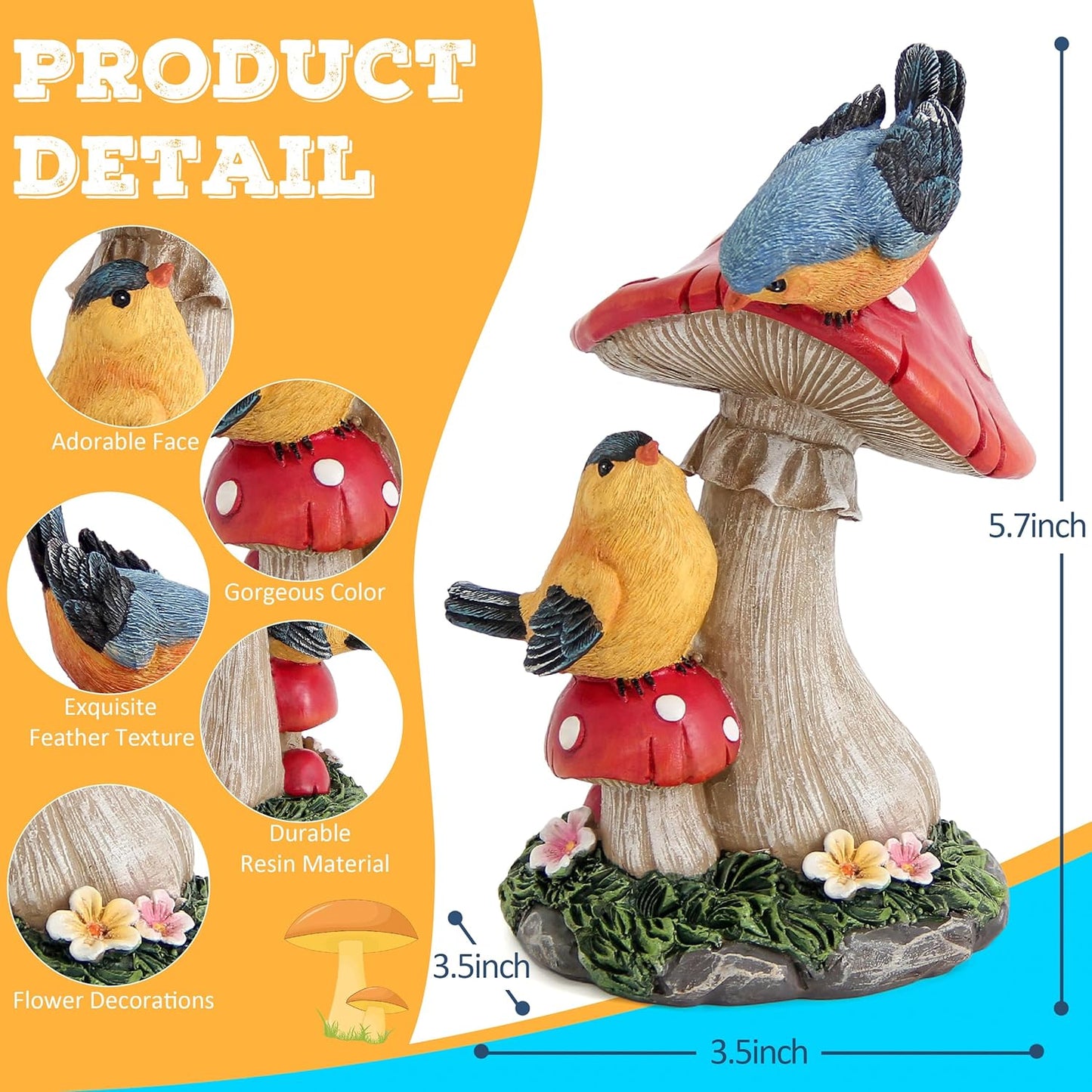 Leekung Bird Garden Statue for Outdoor Decorations,Bird Figurines Mushroom Statue for Garden Decor,Birds Decoration for Garden Patio Yard Lawn Home Shelf Decor Accent,Birds Gifts for Mom