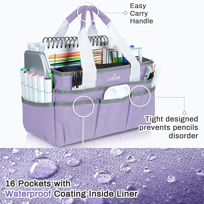 JJRING Craft Organizer Tote Bag, Art Storage Caddy with Multiple Pockets, Lilac Sewing Bag for Art, Craft, Scrapbooking, Medical, and Office Supplies Storage