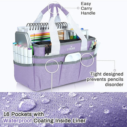 JJRING Craft Organizer Tote Bag, Art Storage Caddy with Multiple Pockets, Lilac Sewing Bag for Art, Craft, Scrapbooking, Medical, and Office Supplies Storage