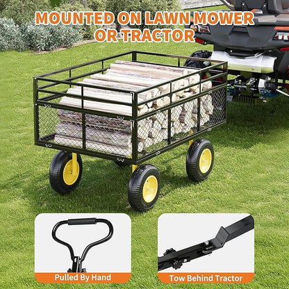 Metal Wagon - 1400lbs Garden Cart with 10" Multi-Terrain Tires, 4 Removable Mesh Sides & 180° Swivel Handle, Yard Wagon Cart for Lawn, Yard, Patio Gardening