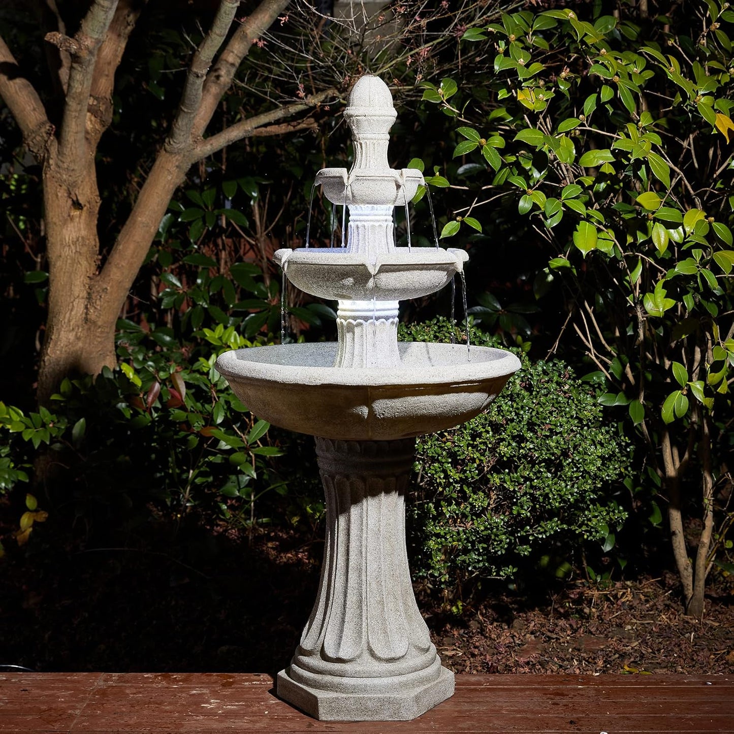 Glitzhome Outdoor Fountains and Waterfalls 3 Tier Patio Fountain with Pump & LED Light, Resin Terrazzo Water Fountains Oversized Outdoor Floor Stand Fountain for Garden Backyard Yard Lawn Sand Beige