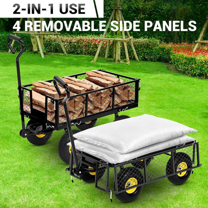 Heavy Duty Steel Garden Cart, 550 LBS 3 in 1 Pullable Metal Garden Wagon with 10" Wheels, 180° Rotating Handle and Removable Sides for Farm, Yard