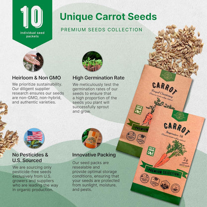 Organo Republic 10 Unique Carrot Seeds Variety Pack - 7,550+ Non-GMO Heirloom Carrot Seeds for Outdoor & Indoor Home Gardening, Including Carrot Imperator 58, Little Fingers, Scarlet Nantes, Parisian