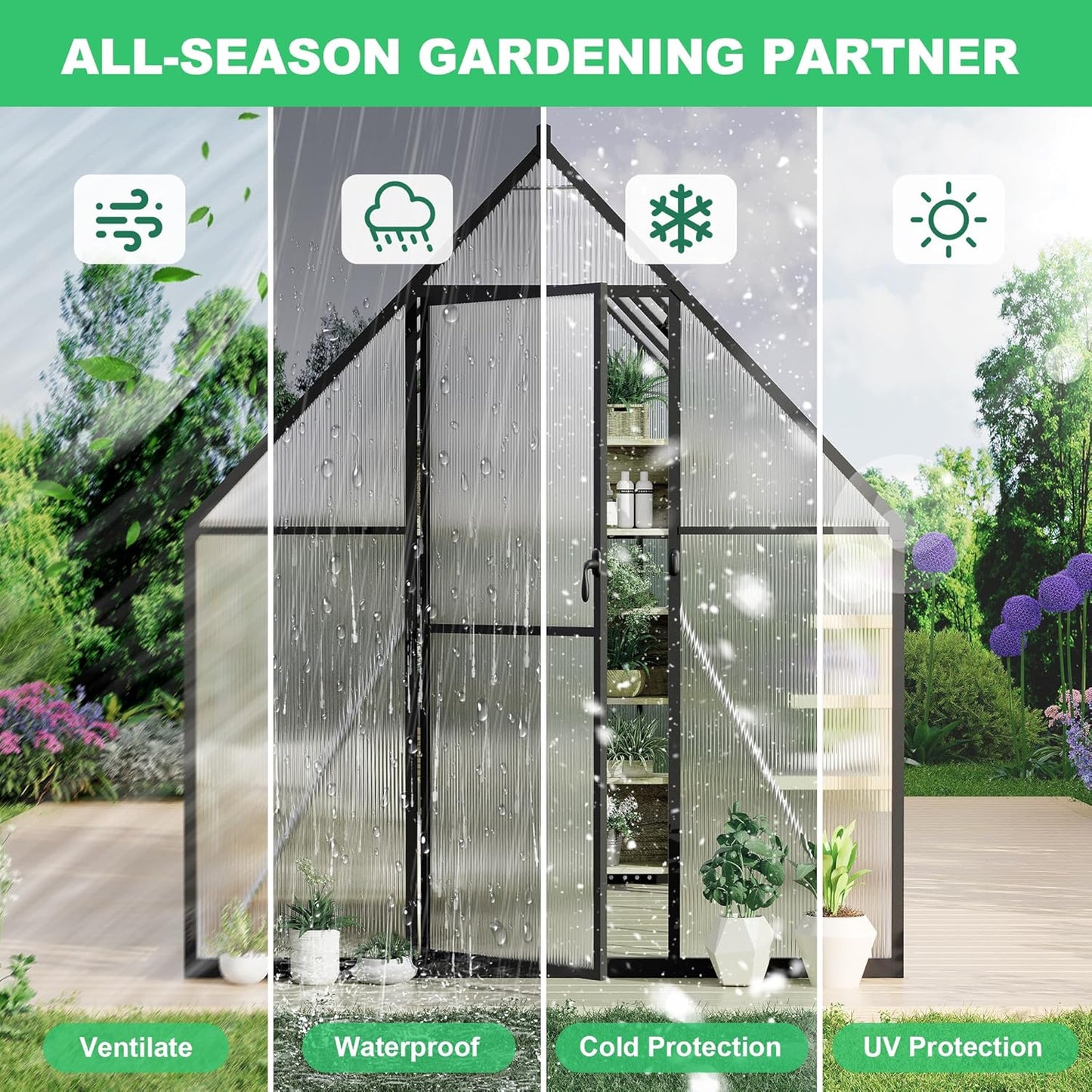 6'x4' Aluminum-Framed Polycarbonate Greenhouse, Heavy Duty Polycarbonate Greenhouse with Quick Setup Structure and Roof Vent, Large Enhanced Aluminum GreenhouseKit for Outdoors