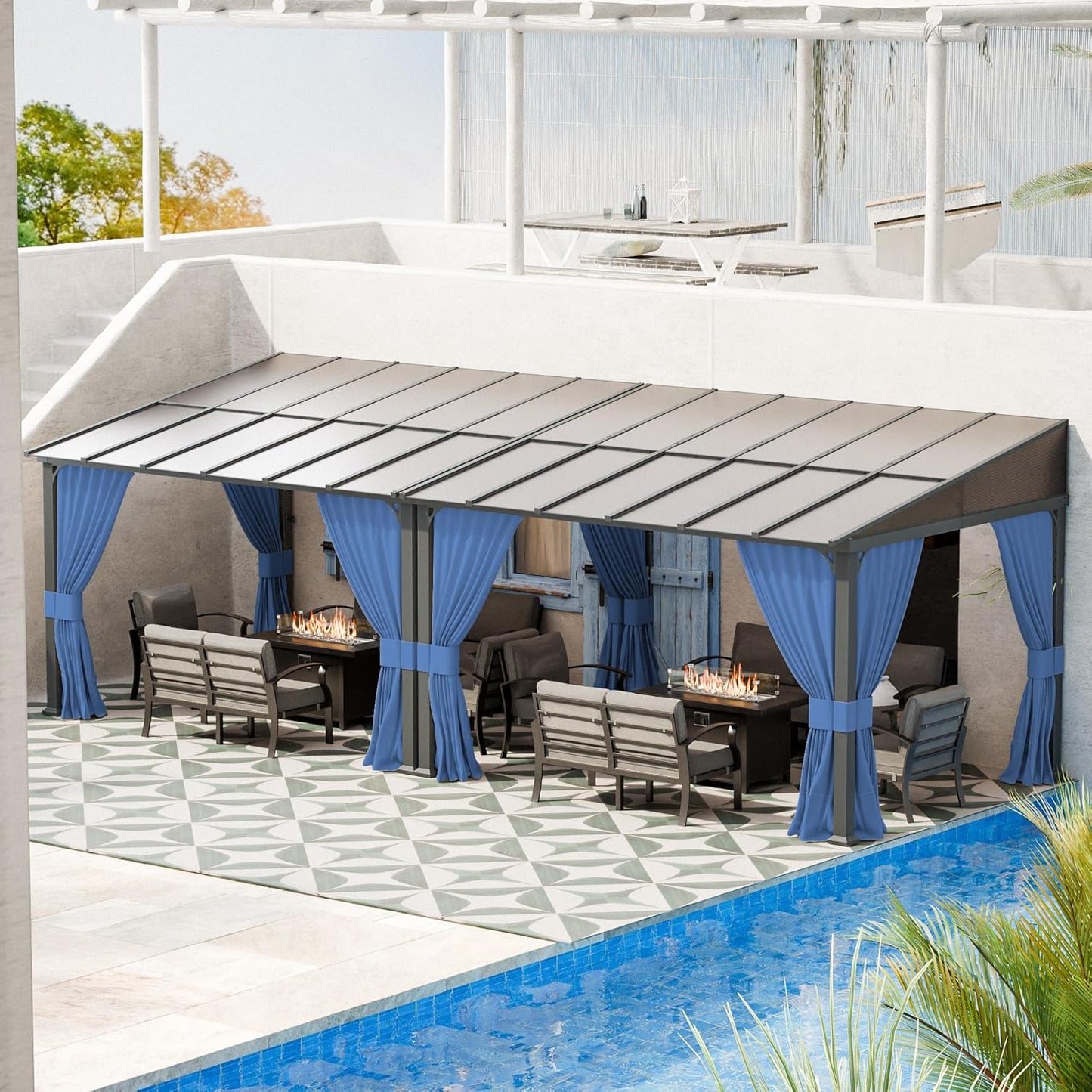 10' x 24' Gazebo，Hard Top Lean to Gazebo Wall Mount Heavy Hardtop Gazebos Outdoor Pergola with Curtains and Netting for Patio Garden Lawn Backyard Deck (Navy)