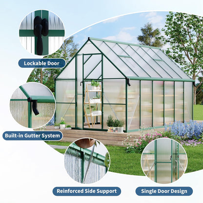 8'X12' Aluminum-Framed Polycarbonate Greenhouse, Heavy Duty Polycarbonate Greenhouse with Quick Setup Structure and Roof Vent, Large Enhanced Aluminum Greenhouses Kit for Outdoors
