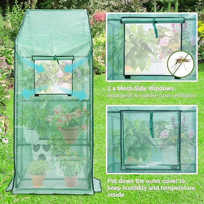 Ohuhu Greenhouse for Outdoors with Mesh Side Windows, 3 Tiers 4 Shelves Small Walk-In Green House Plant Stands Plastic PE Cover Outside Portable Warm House for Seedling Flowers Growing, 4.8x2.5x6.4 FT