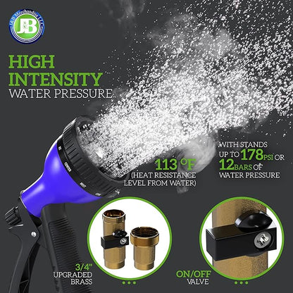 J&B XpandaHose 75ft Expandable Garden Hose with Holder - Heavy Duty Superior Strength 3750D - 4 -Layer Latex Core - Extra Strong Brass Connectors and 10 Spray Nozzle w/Storage Bag (Blue 75)