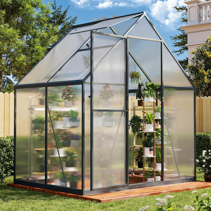 Aoxun 4x6 FT Outdoor Greenhouse, Polycarbonate Greenhouse with Aluminum Frame, Walk-in Green House with Roof Vent, Ground Nails, Lockable Door for Garden Backyard, Patio, Lawn,Quick-Installation